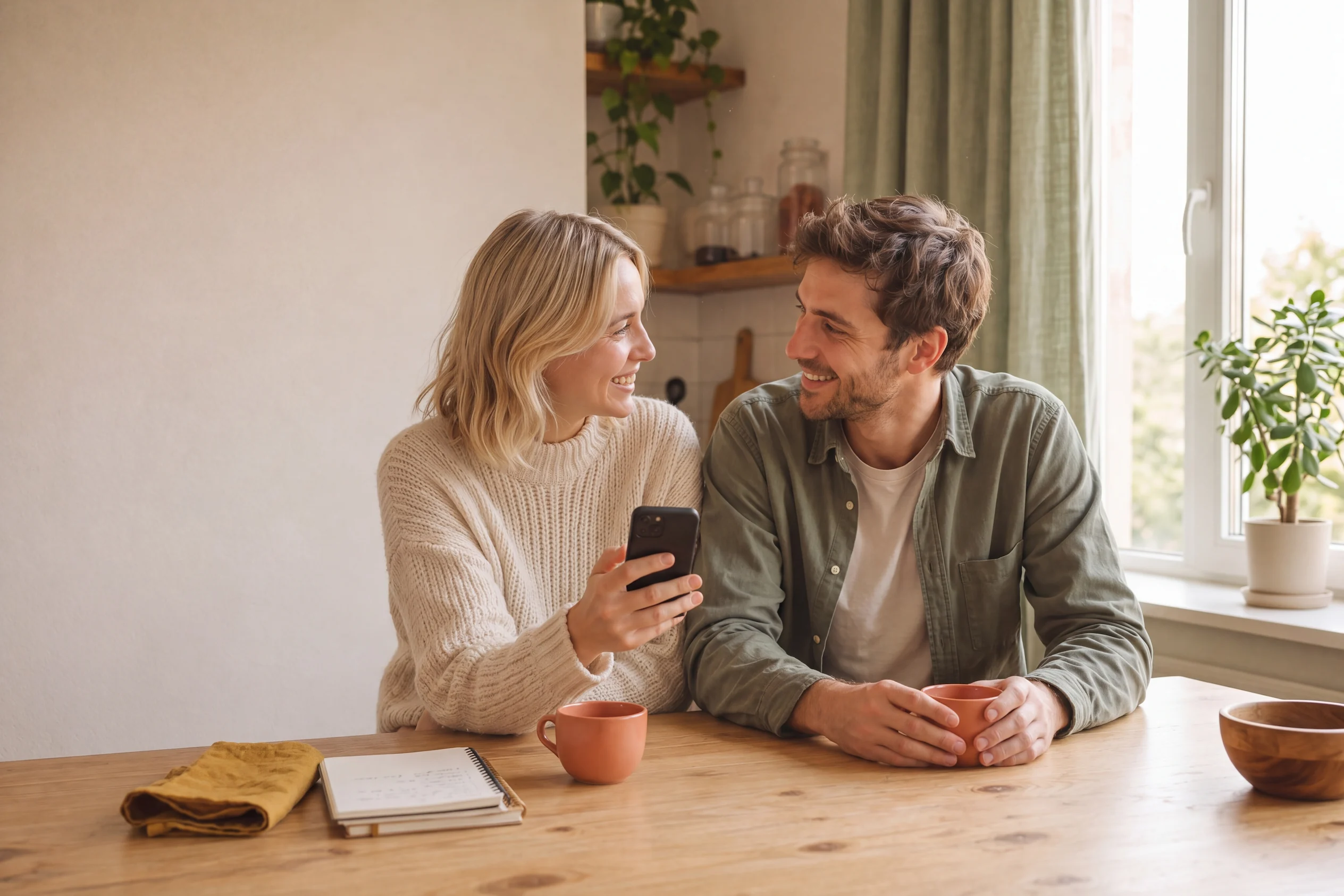 Ett par med mobiltelefon och kaffekoppar vid ett ljust köksbord